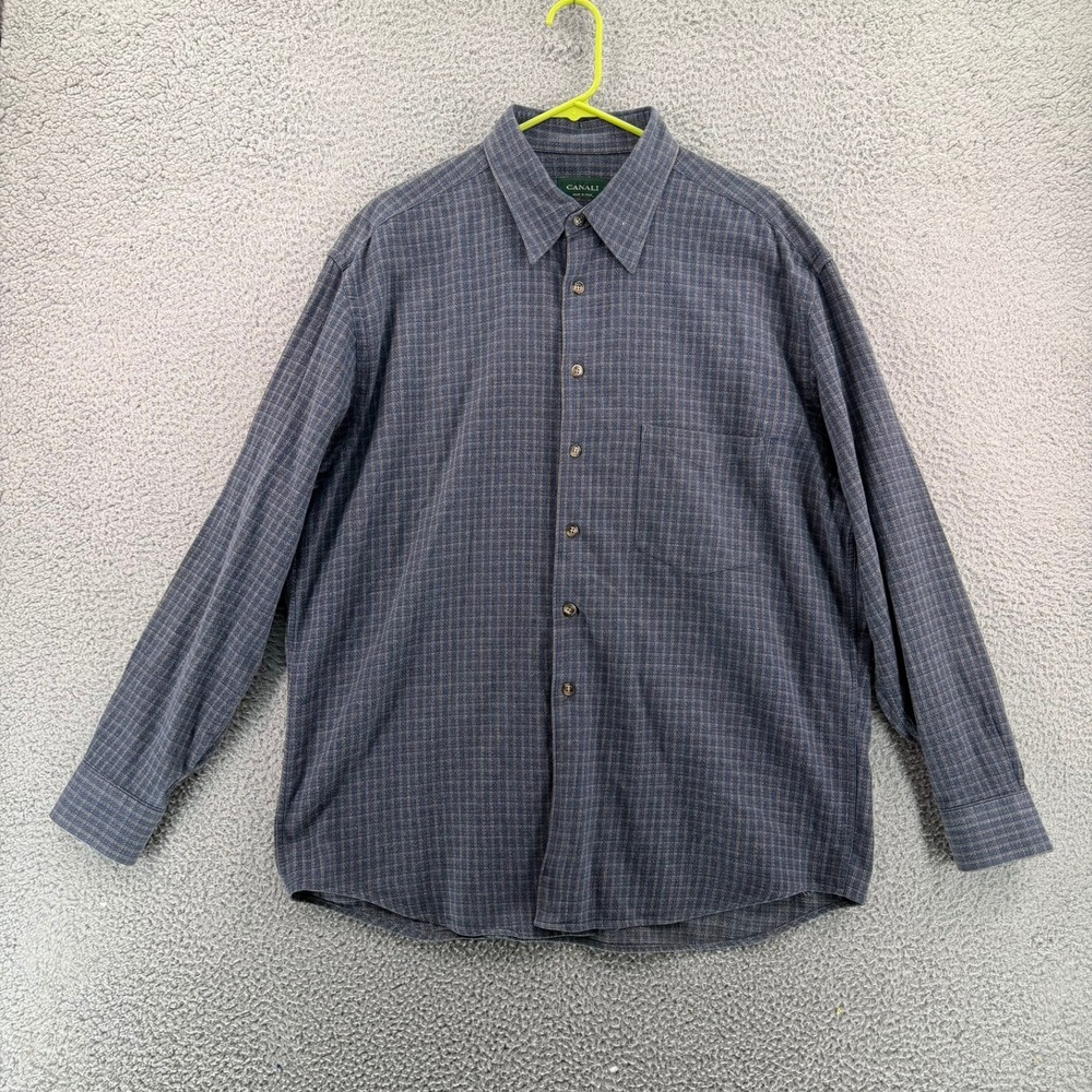 Canali Mens Blue Tan Plaid Button Down Shirt Made in‎ Italy Size 17.5 XL